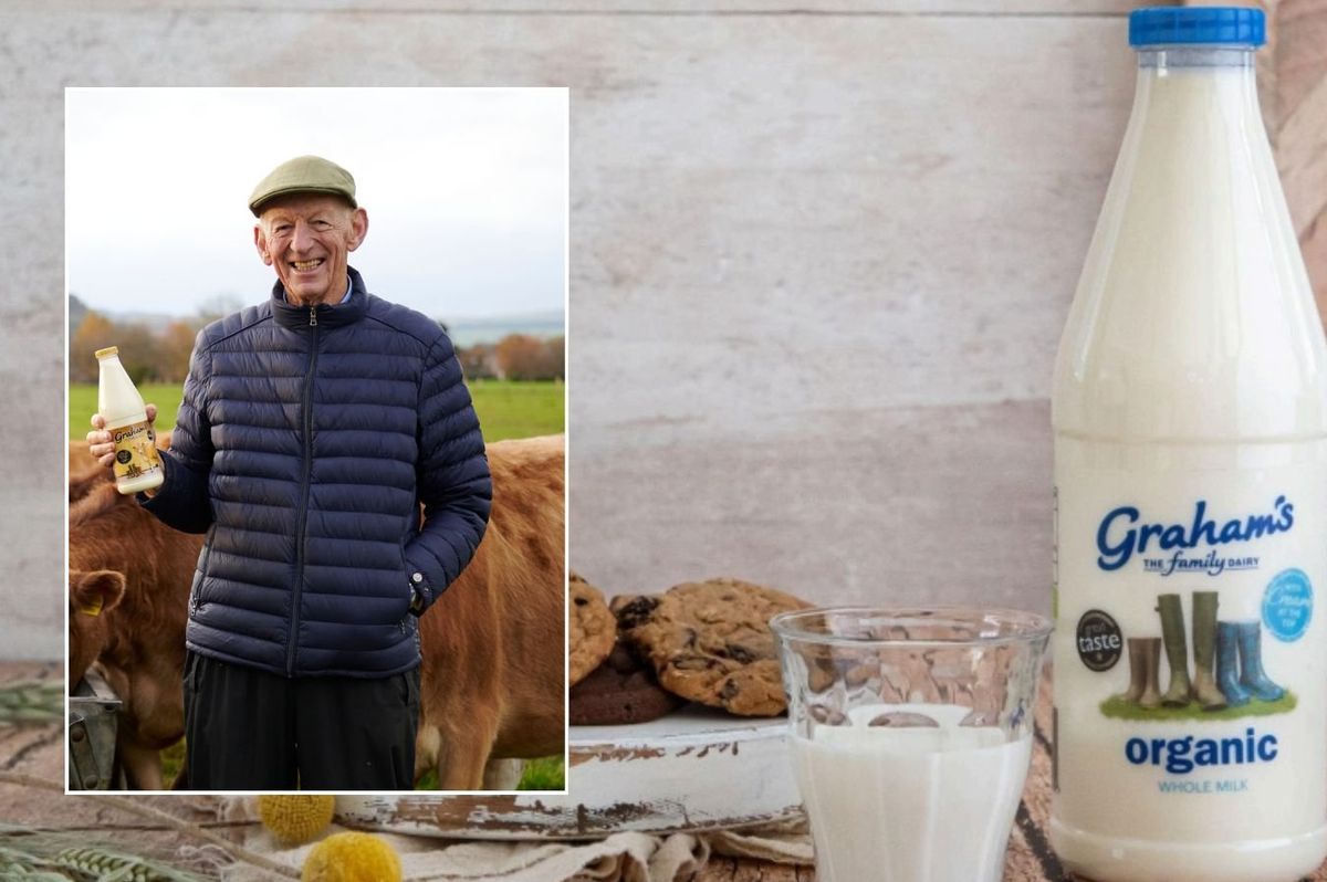 Graham's milk bottle and Dr Robert Graham on his farm