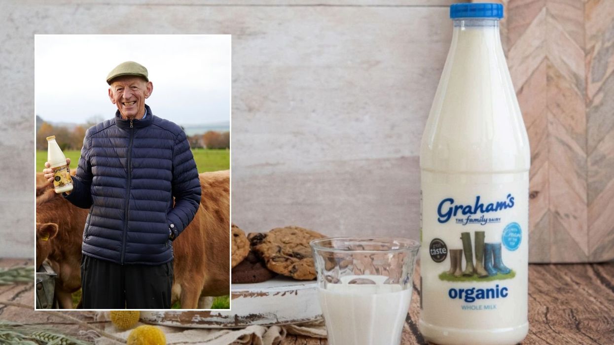 Graham's milk bottle and Dr Robert Graham on his farm