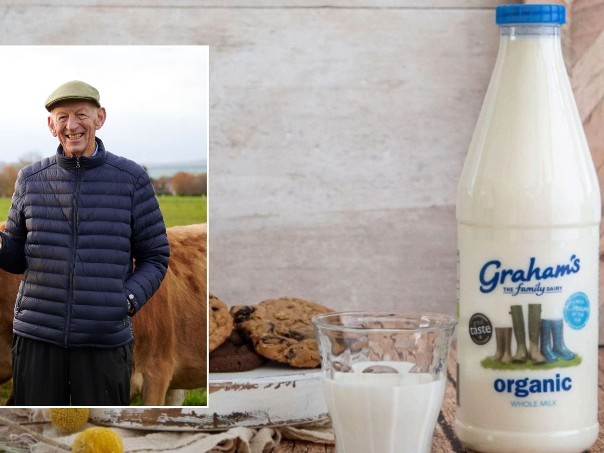 Graham's milk bottle and Dr Robert Graham on his farm