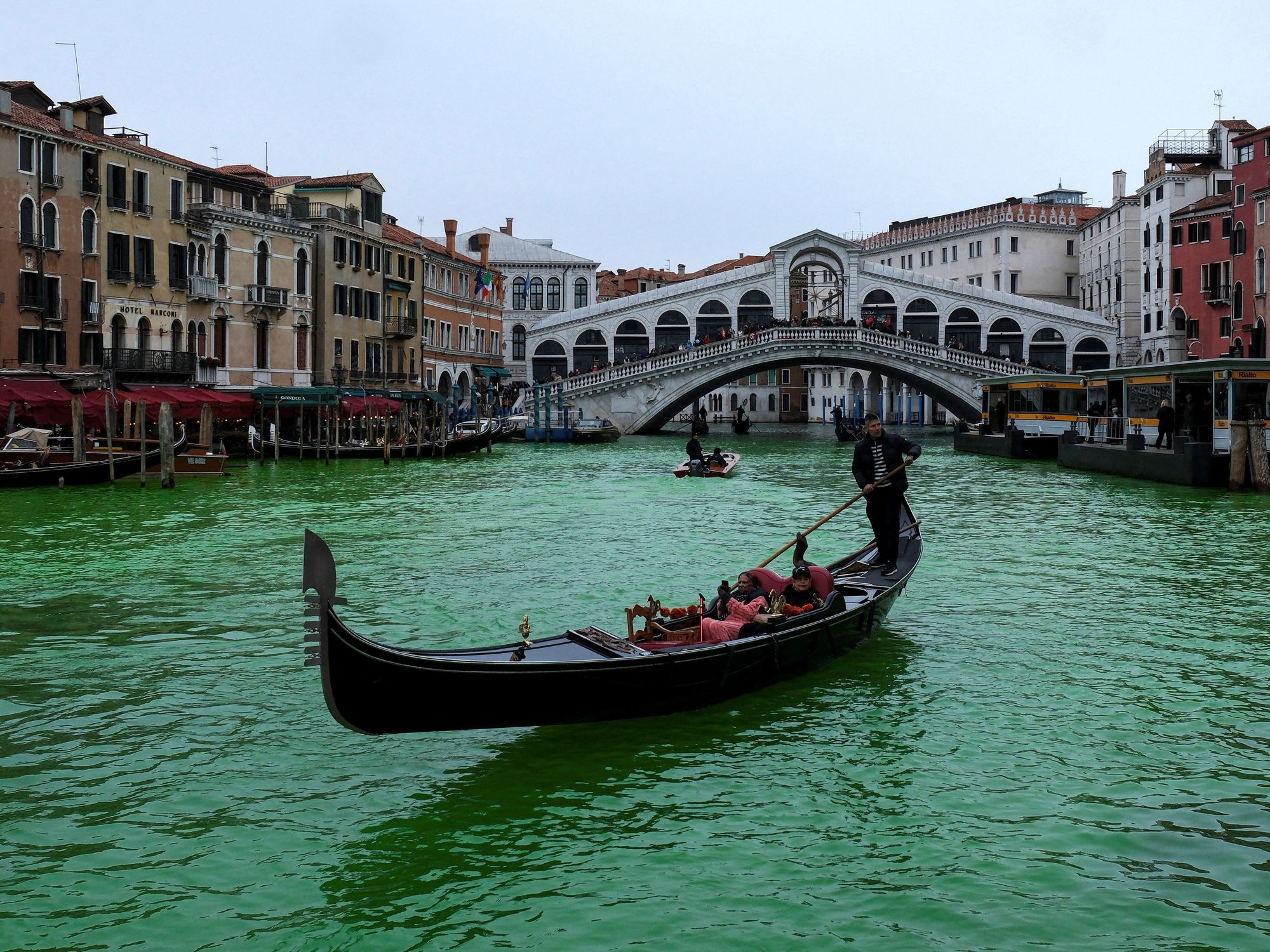 Grand Canal in Venice dyed a bright green