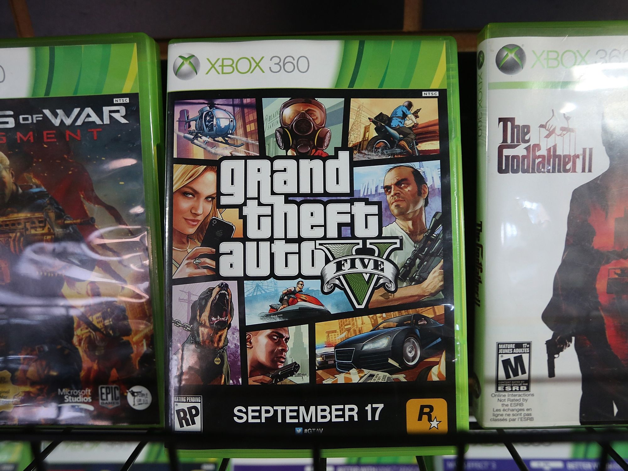 Grand Theft Auto 5 pictured on xbox 360 on the shelves at its release date