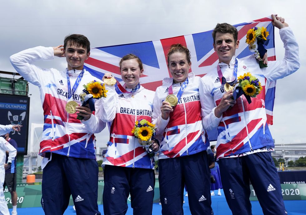 Great Britain's Alex Yee, Georgia Taylor-Brown Jessica Learmonth and Jonathan Brownlee on the podium with the gold medal for the Triathlon Mixed Relay at Odaiba Marine Park on the eighth day of the Tokyo 2020 Olympic Games in Japan. Picture date: Saturday July 31, 2021.