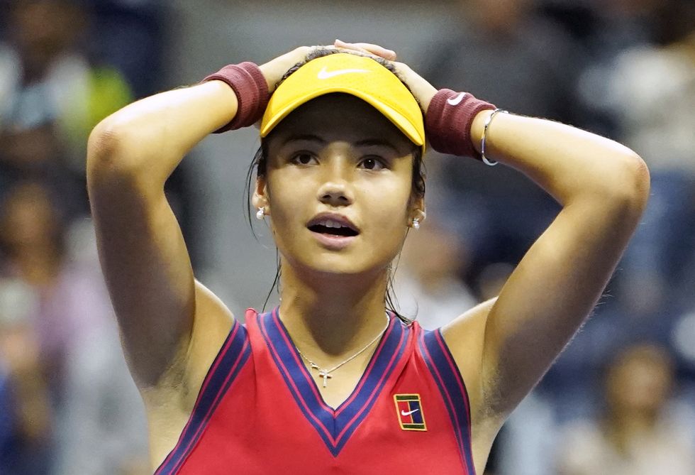 Great Britain's Emma Raducanu celebrates defeating Greece's Maria Sakkari to reach the Women's Final during day eleven of the US Open at the USTA Billie Jean King National Tennis Center, Flushing Meadows- Corona Park, New York.