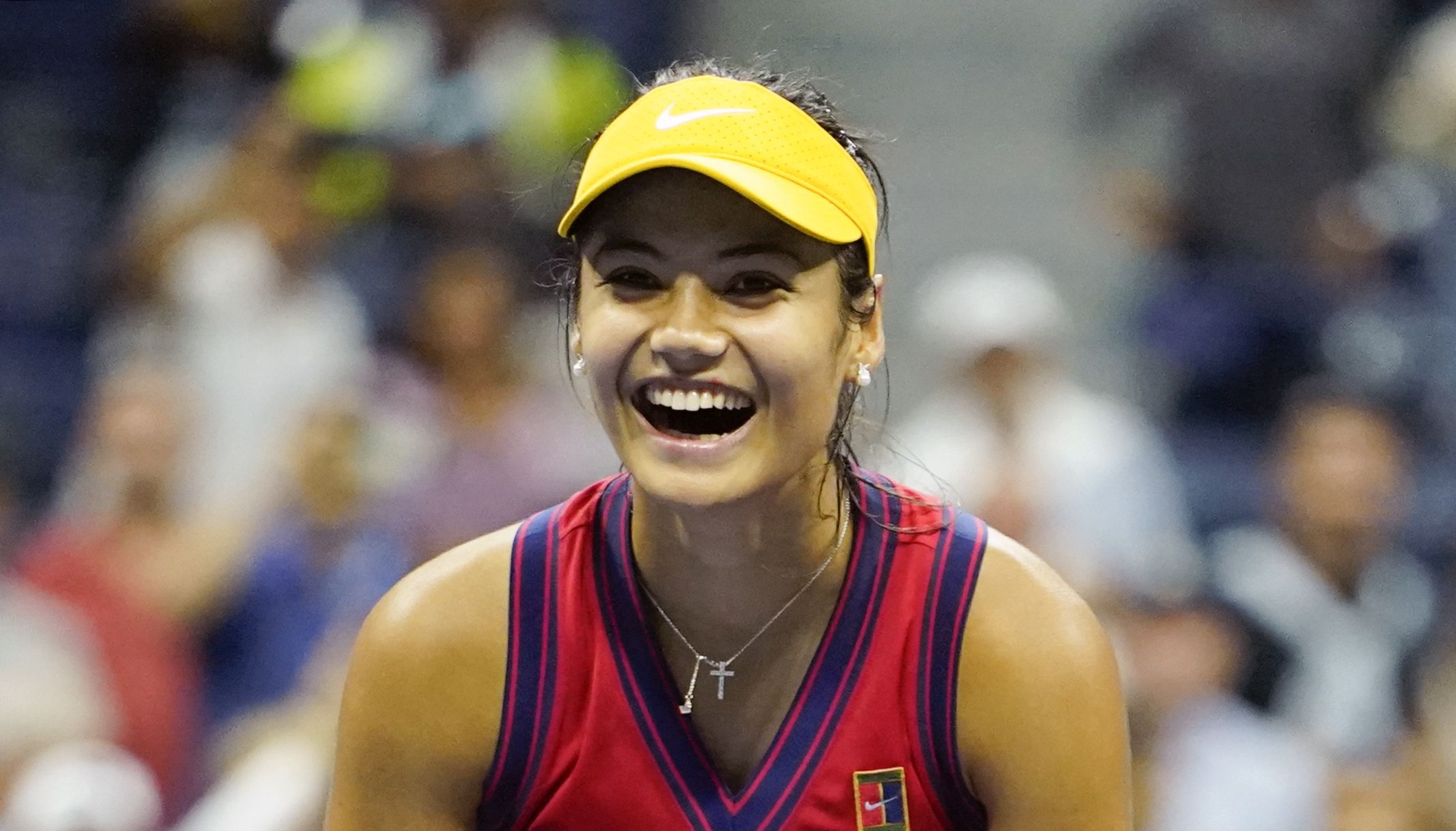 Great Britain's Emma Raducanu celebrates defeating Greece's Maria Sakkari to reach the Women's Final during day eleven of the US Open.