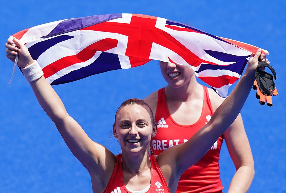 Great Britain's Hannah Martin celebrates winning bronze in the Women's Bronze Medal Match at the Oi Hockey Stadium on the fourteenth day of the Tokyo 2020 Olympic Games in Japan.
