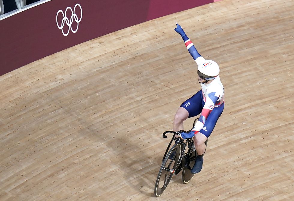 Great Britain's Jason Kenny celebrates after winning gold in the Men's Keirin Finals 1-6 at the Izu Velodrome.