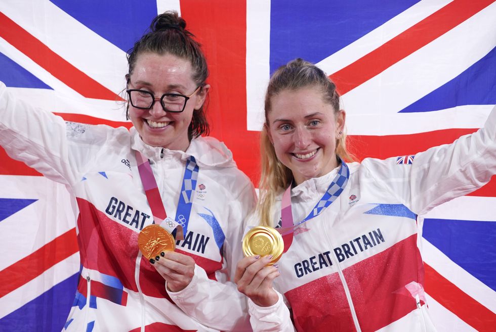 Great Britain's Katie Archibald (left) and Laura Kenny celebrate with their gold medals. Emily is due to race the Olympian, Kenny, on Saturday.