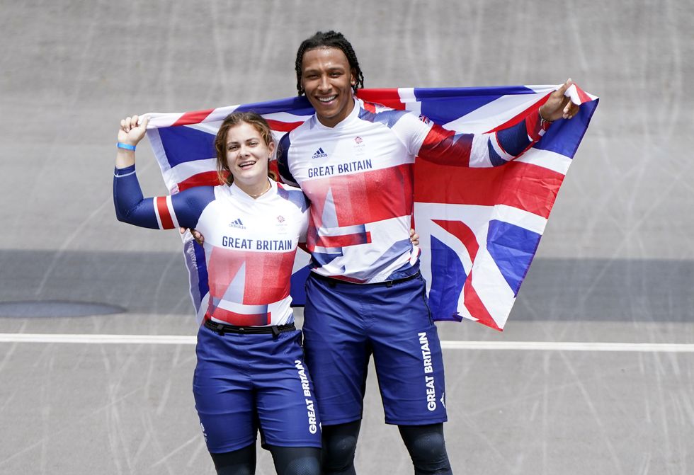 Great Britain's Bethany Shriever and Kye Whyte celebrate their Gold and Silver medals respectively for the Cycling BMX Racing at the Ariake Urban Sports Park on the seventh day of the Tokyo 2020 Olympic Games in Japan. Picture date: Friday July 30, 2021.