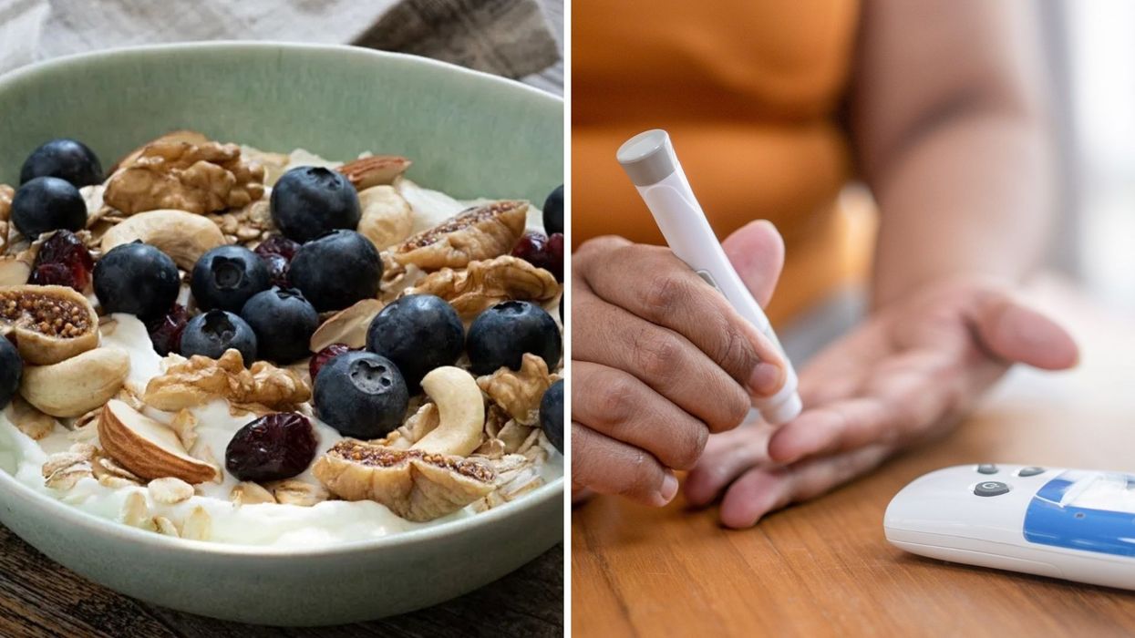 Greek Yoghurt/Person checking blood sugar