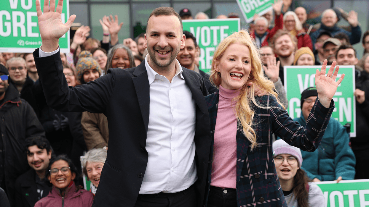 Green Party leader Zack Polanski (left) and newly elected MP Hannah Spencer celebrate by-election win