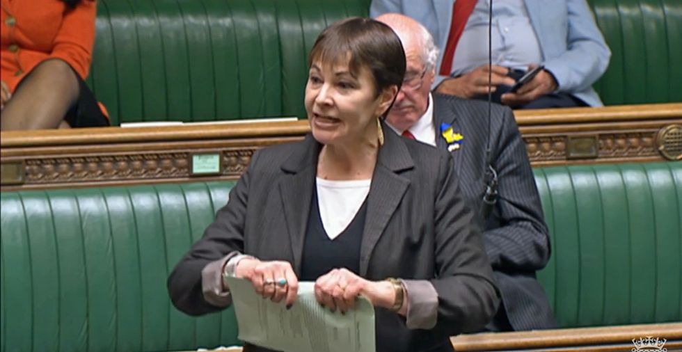 Green Party MP Caroline Lucas finishes her speech on the second reading of the Illegal Migration Bill in the House of Commons