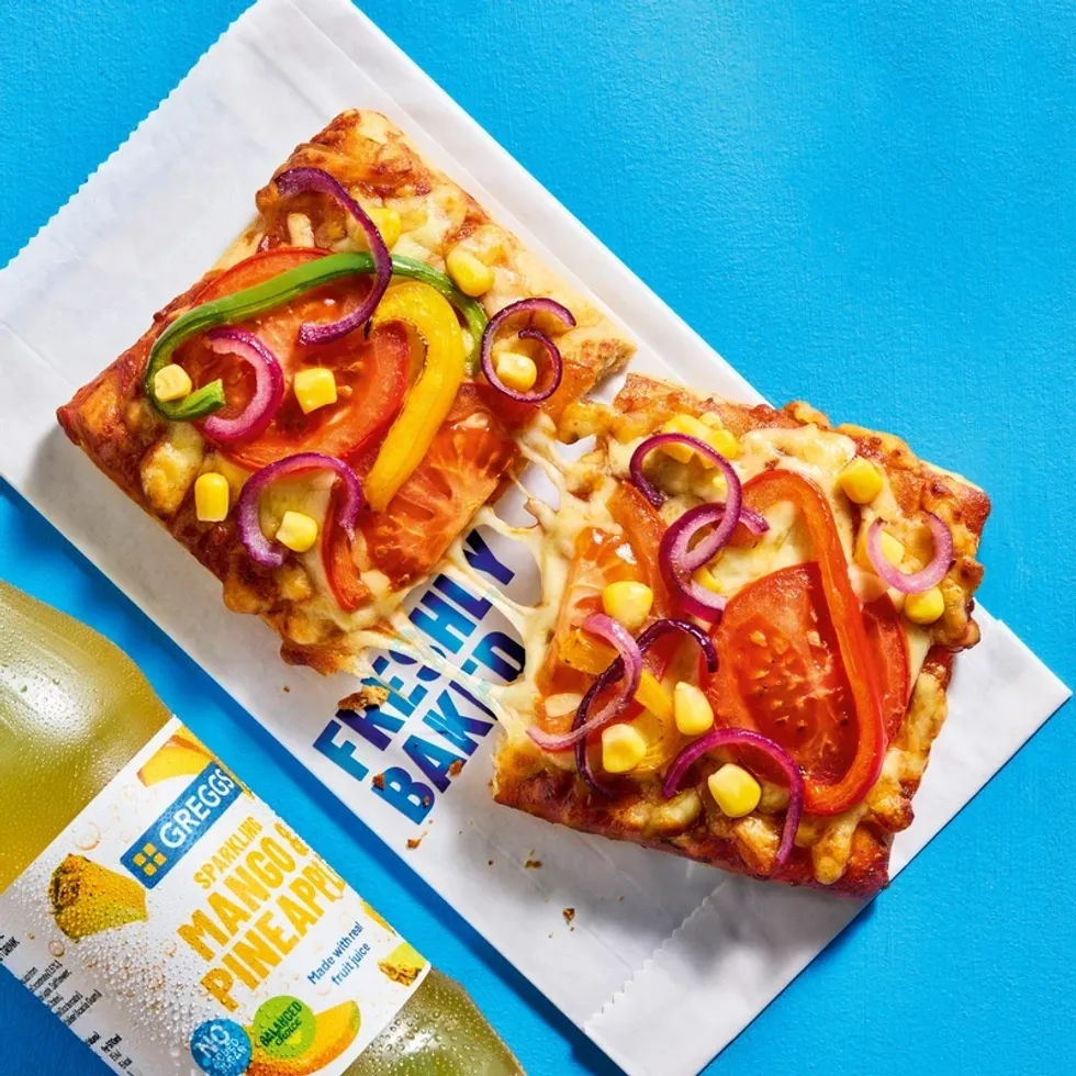 Greggs Pizza and Mango drink