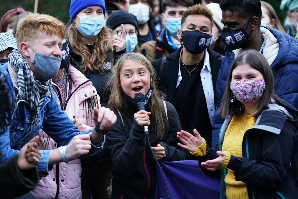 Greta Thunberg alongside fellow climate activists during a demonstration at Festival Park, Glasgow, on the first day of the Cop26 summit.