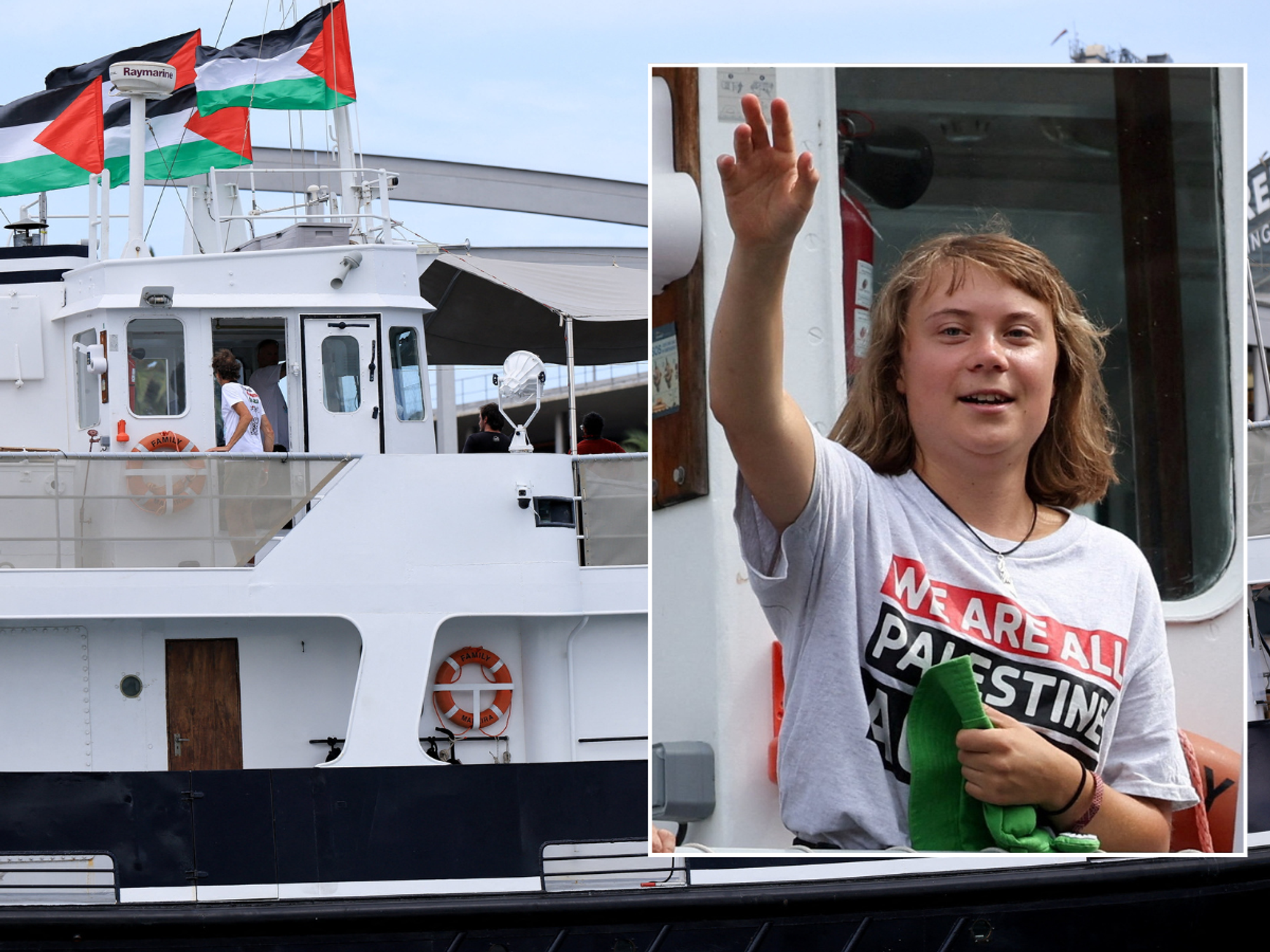 Greta Thunberg and Gaza flags on freedom flotilla
