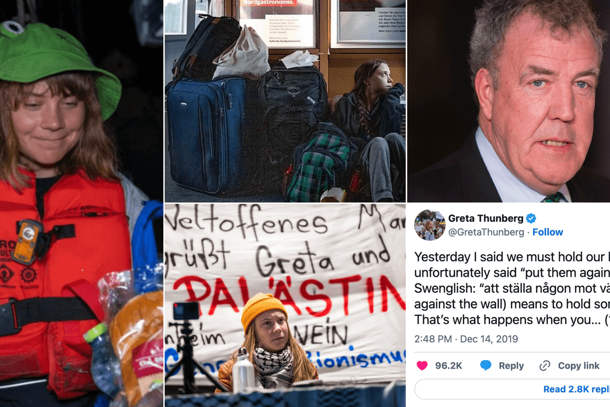 Greta Thunberg intercepted by Israel (left), Thunberg on a train (top middle), Jeremy Clarkson (top right), Thunberg at a Palestine rally (bottom middle), Thunberg tweeting (bottom right)