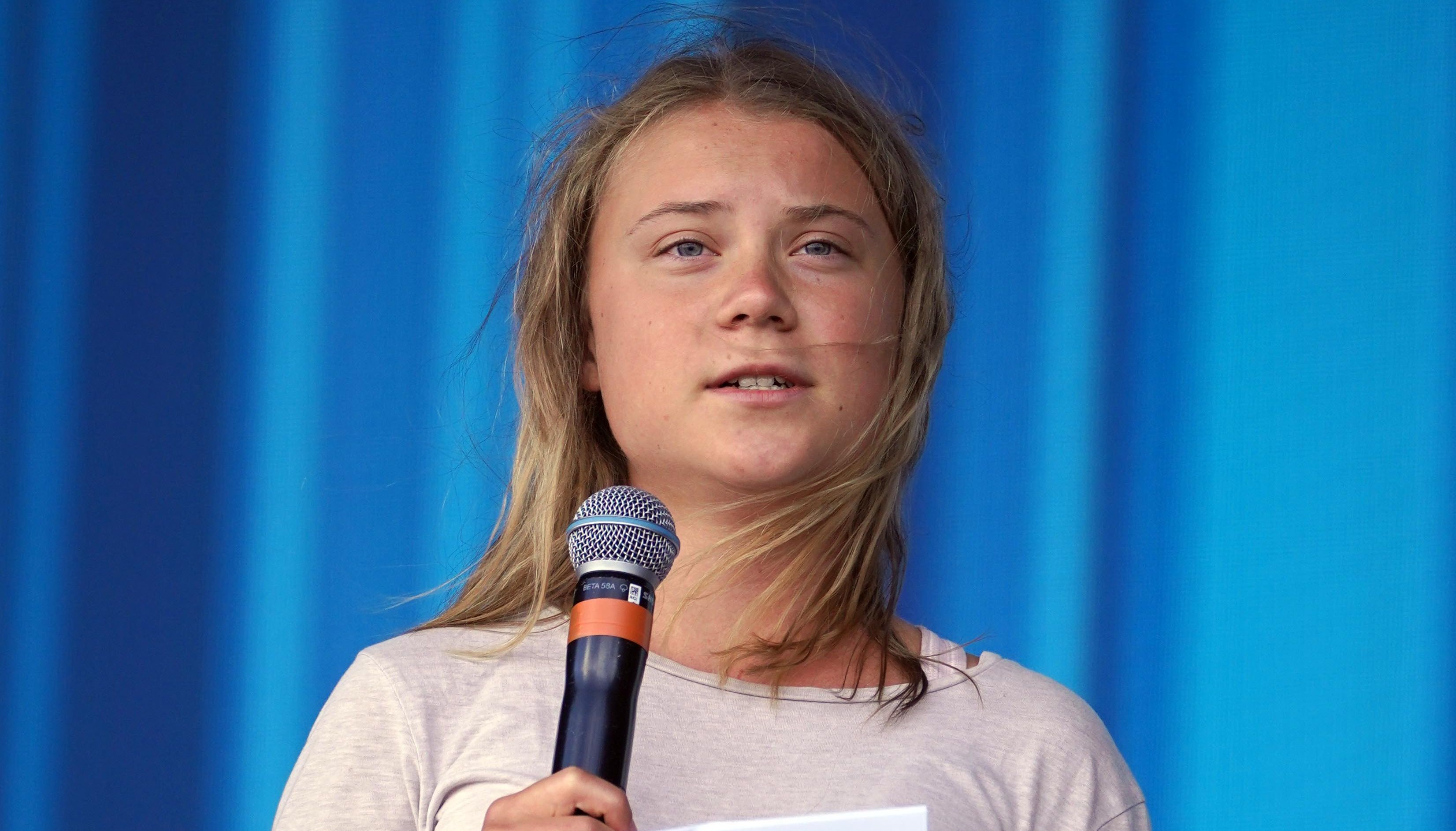 Greta Thunberg speaking on the Pyramid Stage