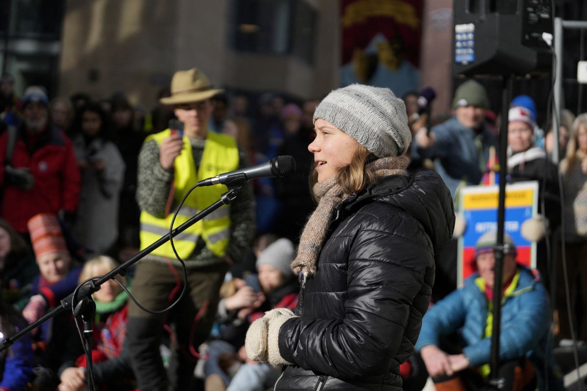 Greta Thunberg speaks during a demonstration in connection with the action against the wind turbines at Fosen.