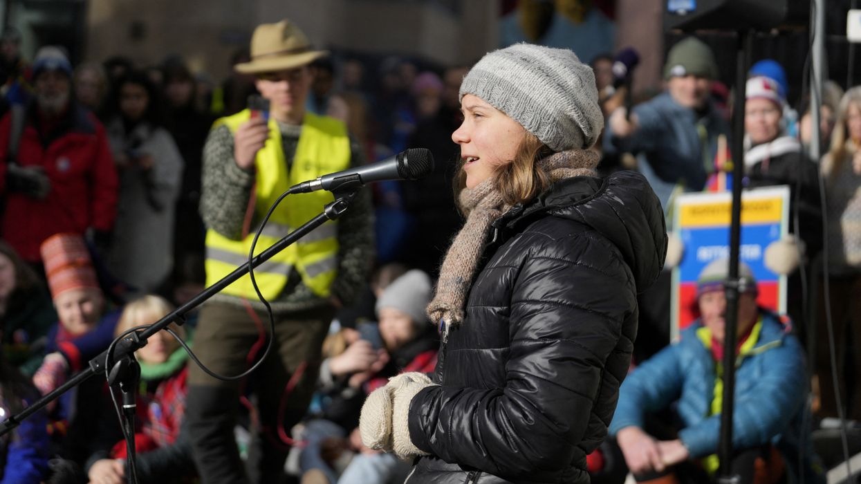 Greta Thunberg speaks during a demonstration in connection with the action against the wind turbines at Fosen.