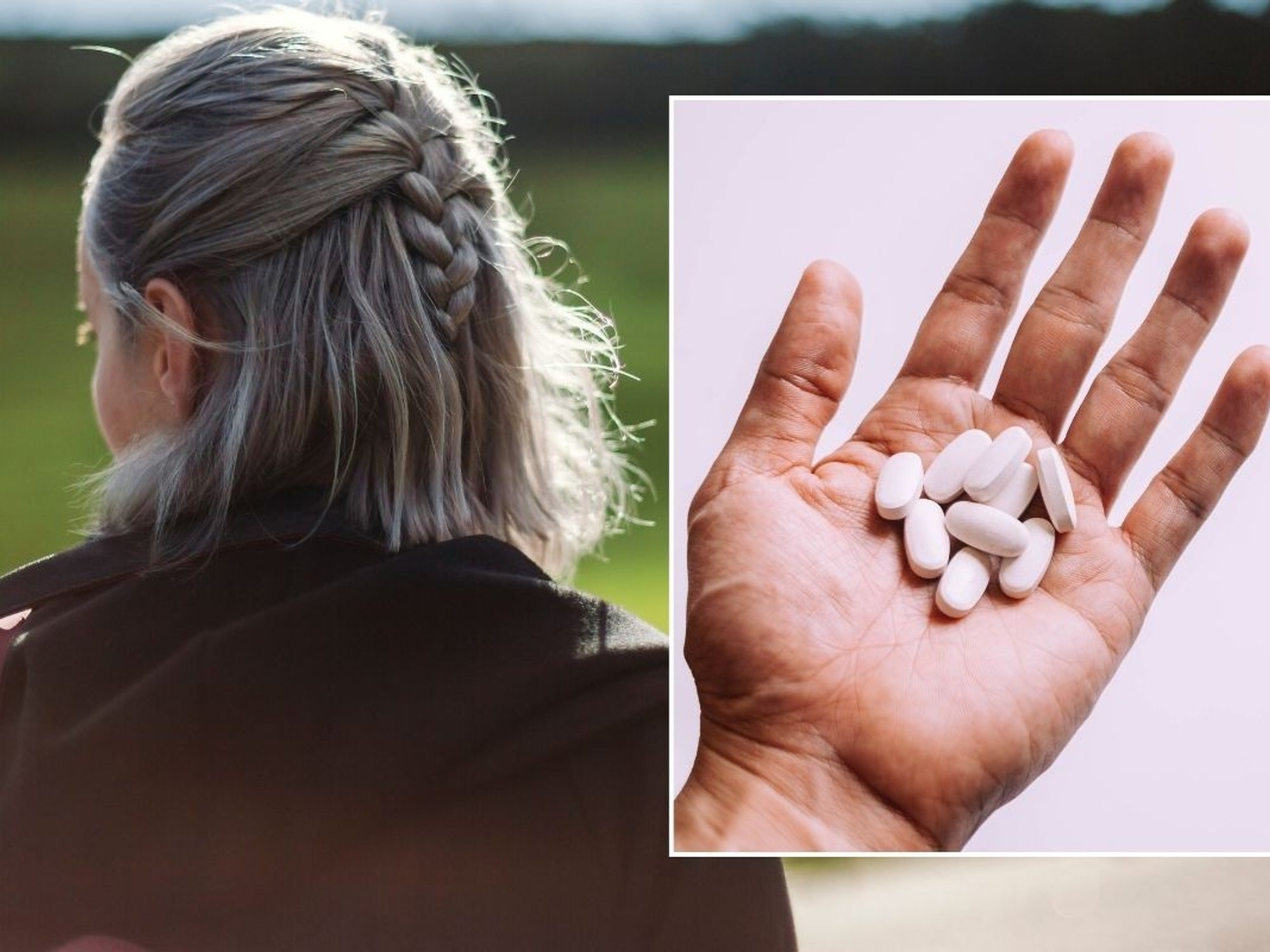 grey hair and supplements in hand