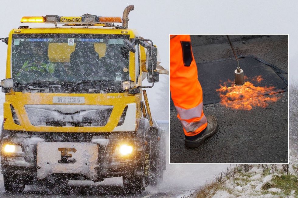 Gritting lorry and a man repairing a road with fire