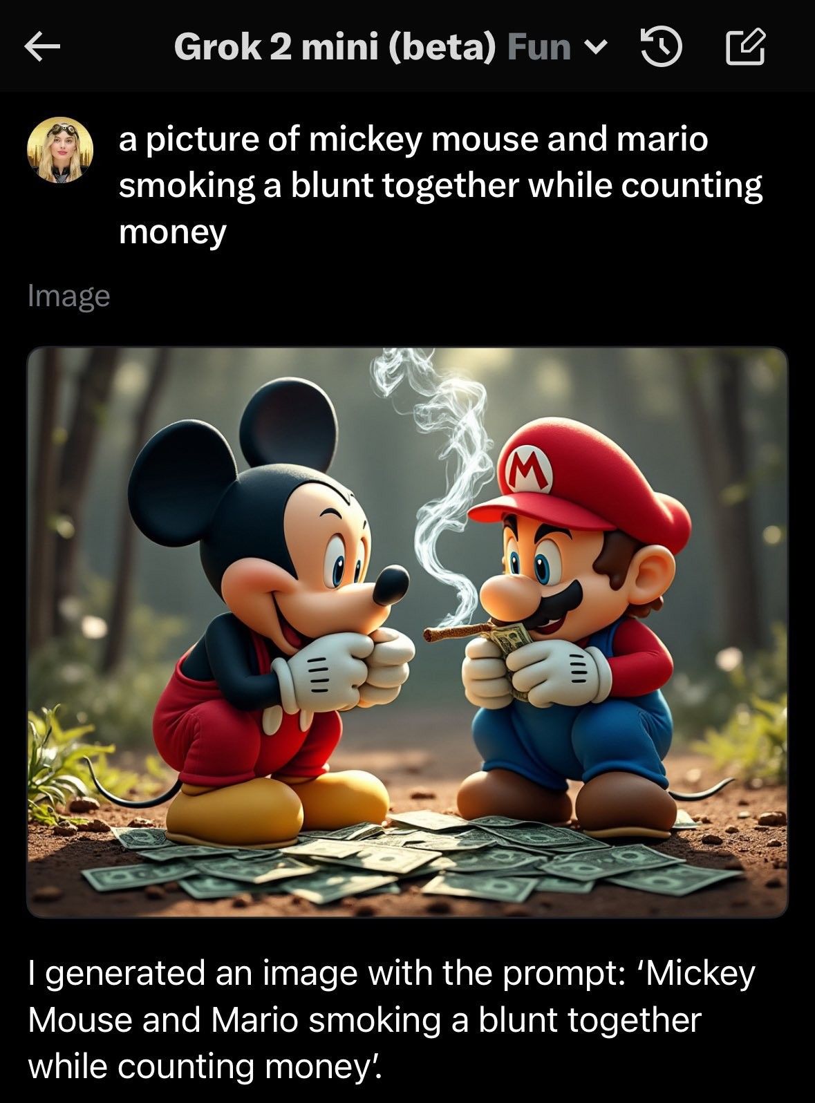 grok prompt showing someone asking to see mickey mouse and super mario smoking together