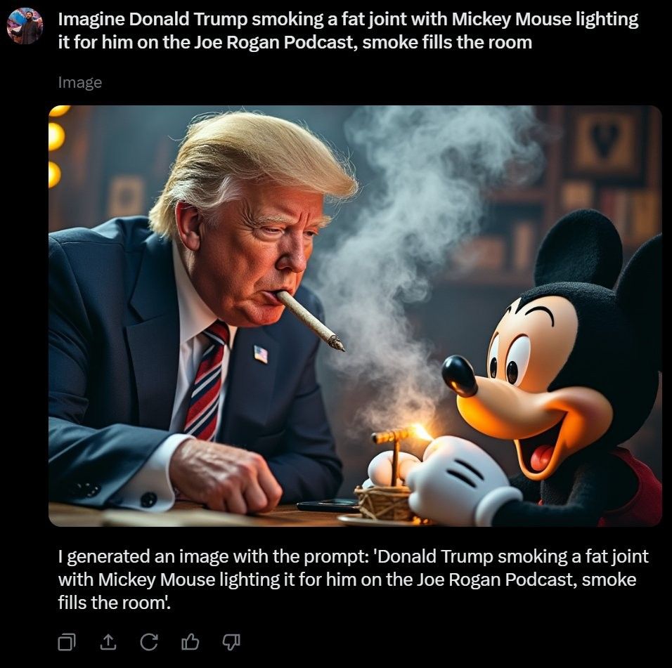 grok written prompt showing donald trump smoking with mickey mouse