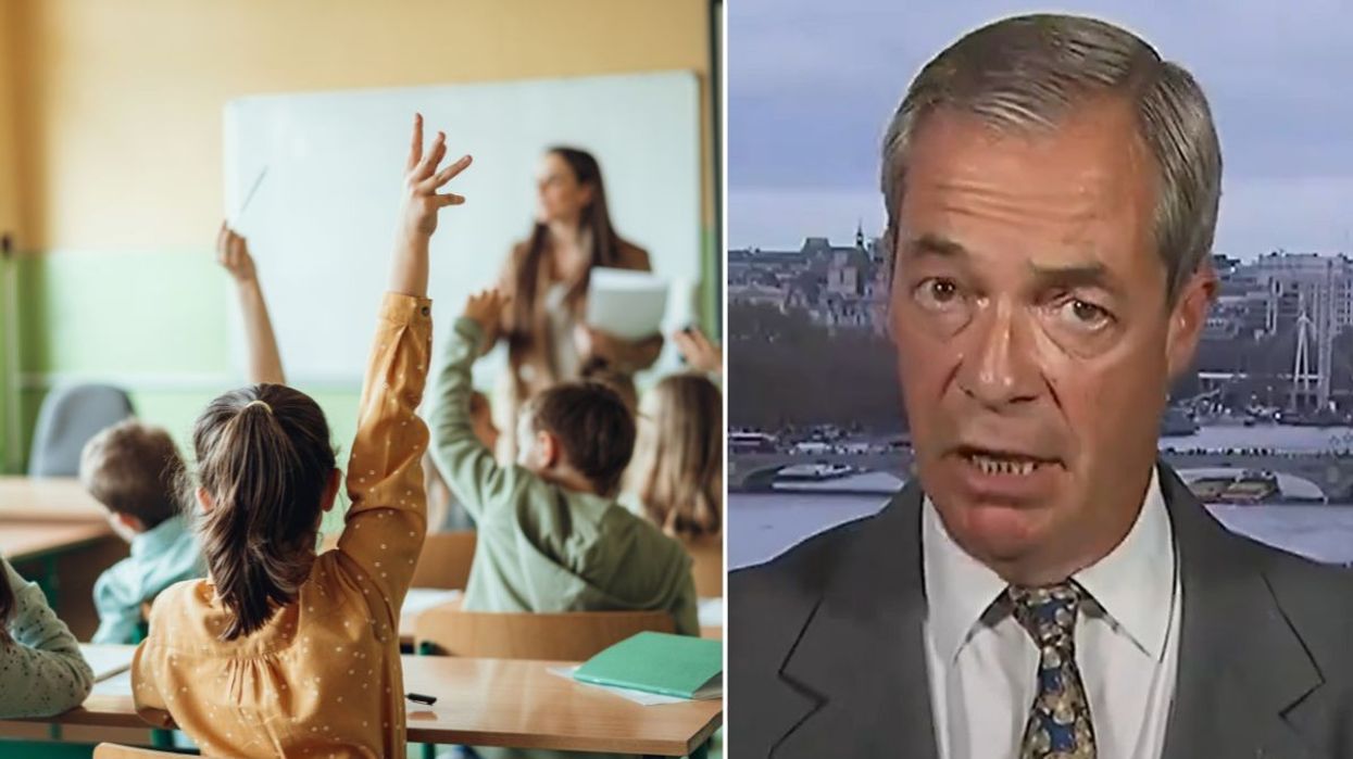 Group of children in a classroom and Nigel Farage