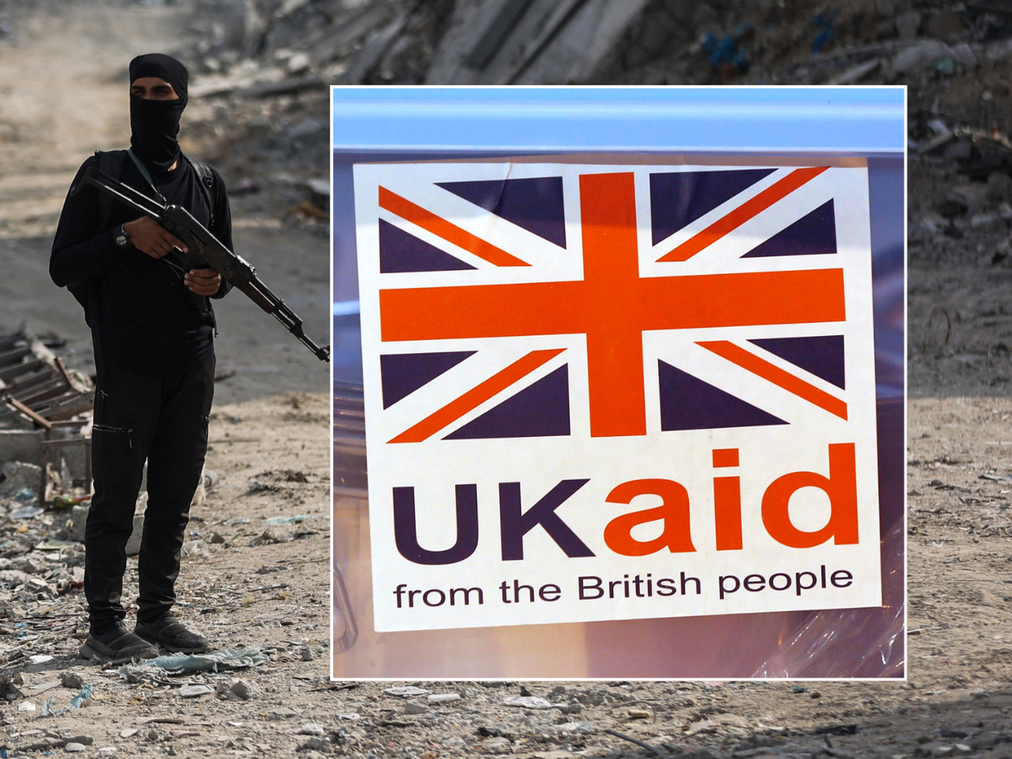 Gunmen in Gaza / UK Aid sign