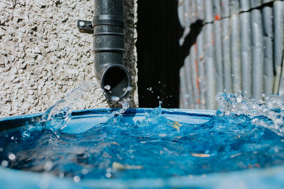 Guttering draining into a basin