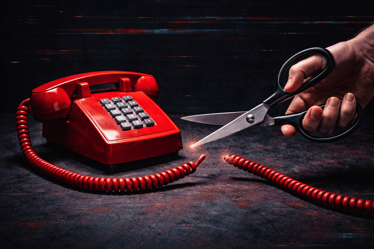 Hand cutting hold scissors that have cut the cord of a landline phone