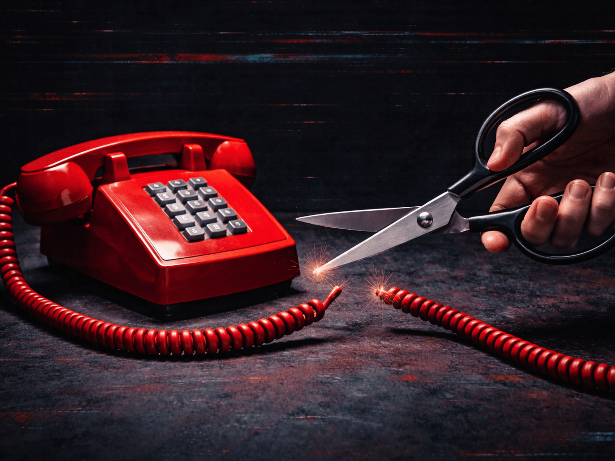 Hand cutting hold scissors that have cut the cord of a landline phone