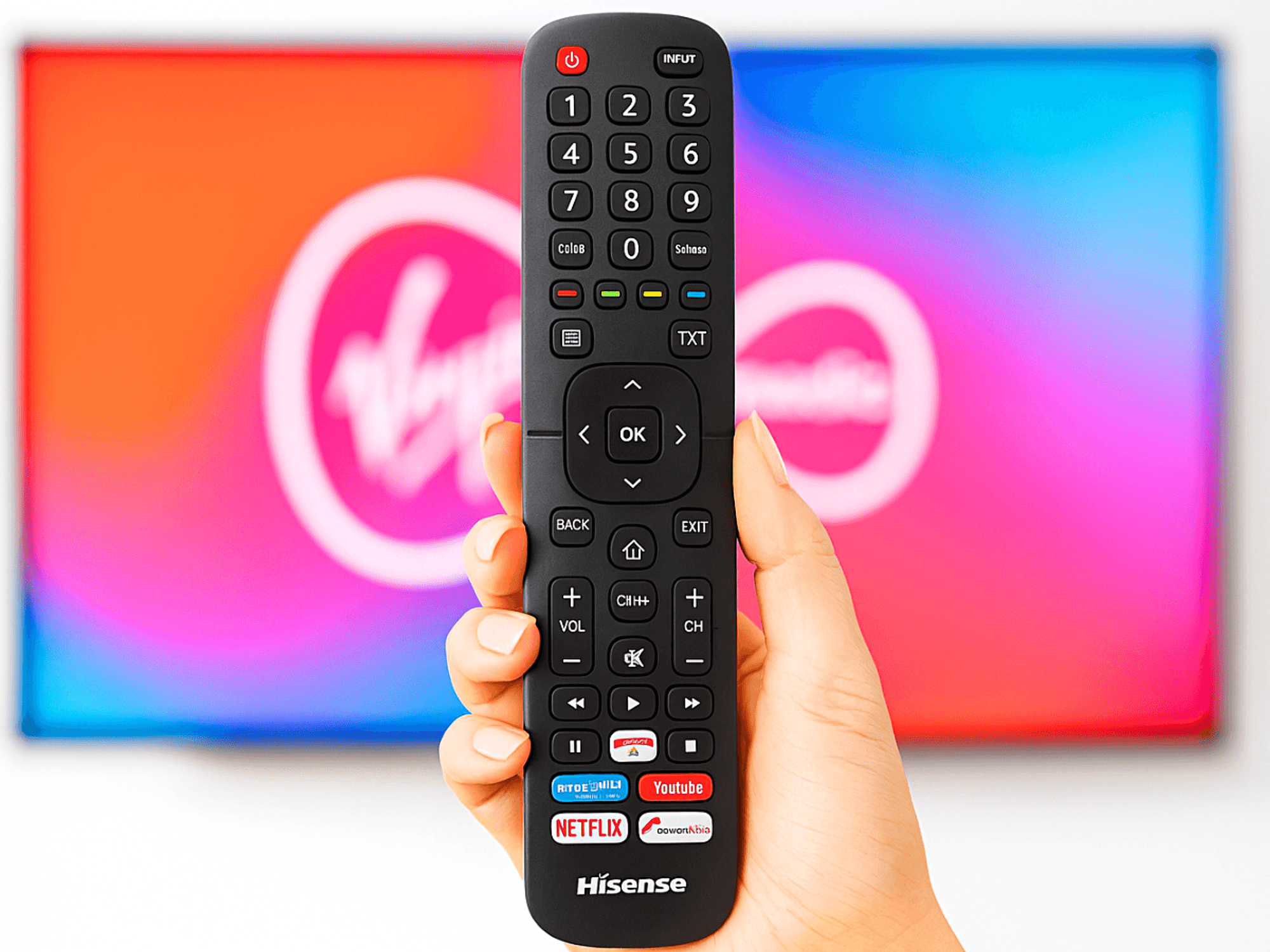 hand holding a hisense tv remote control with virgin media tv in the background
