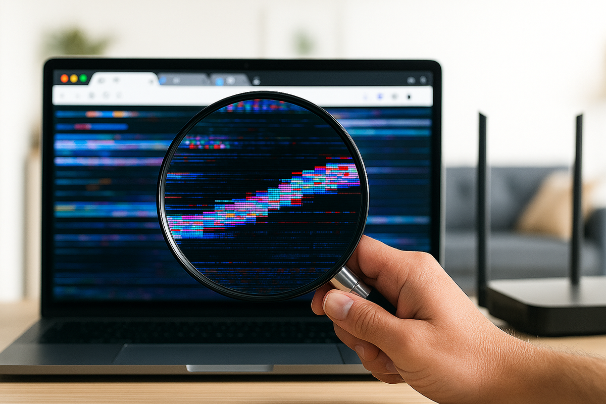 Hand holding a magnifying glass over a glitchy laptop screen displayed next to a wifi router