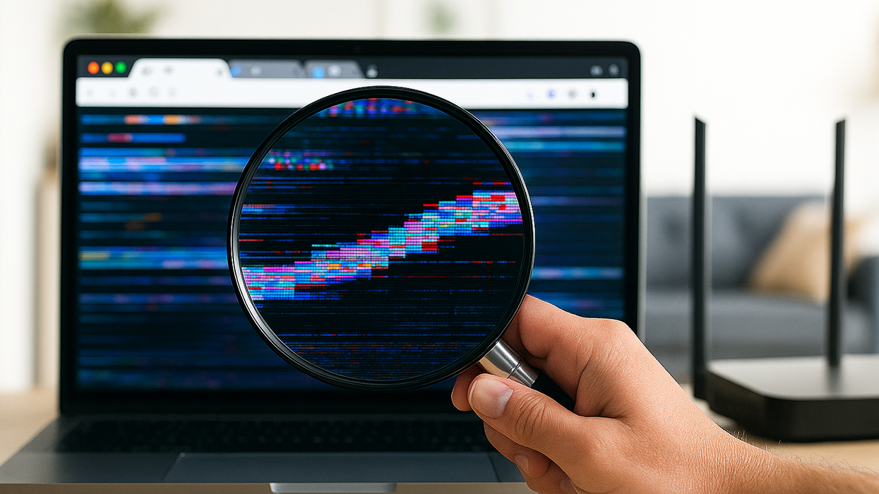 Hand holding a magnifying glass over a glitchy laptop screen displayed next to a wifi router