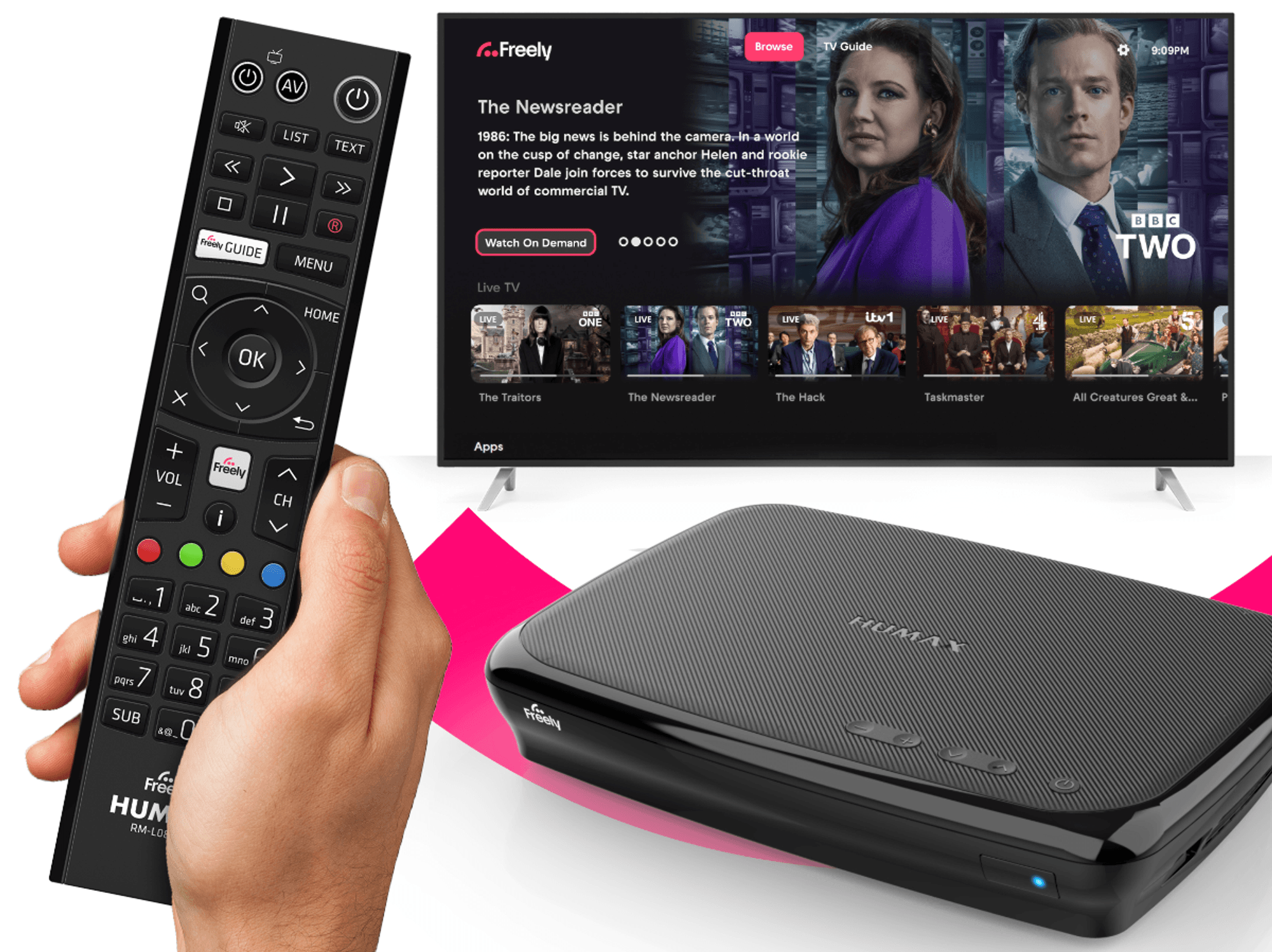 hand holding a remote control with the humax Aura EZ 4K TV Recorder with Freely pictured in the background