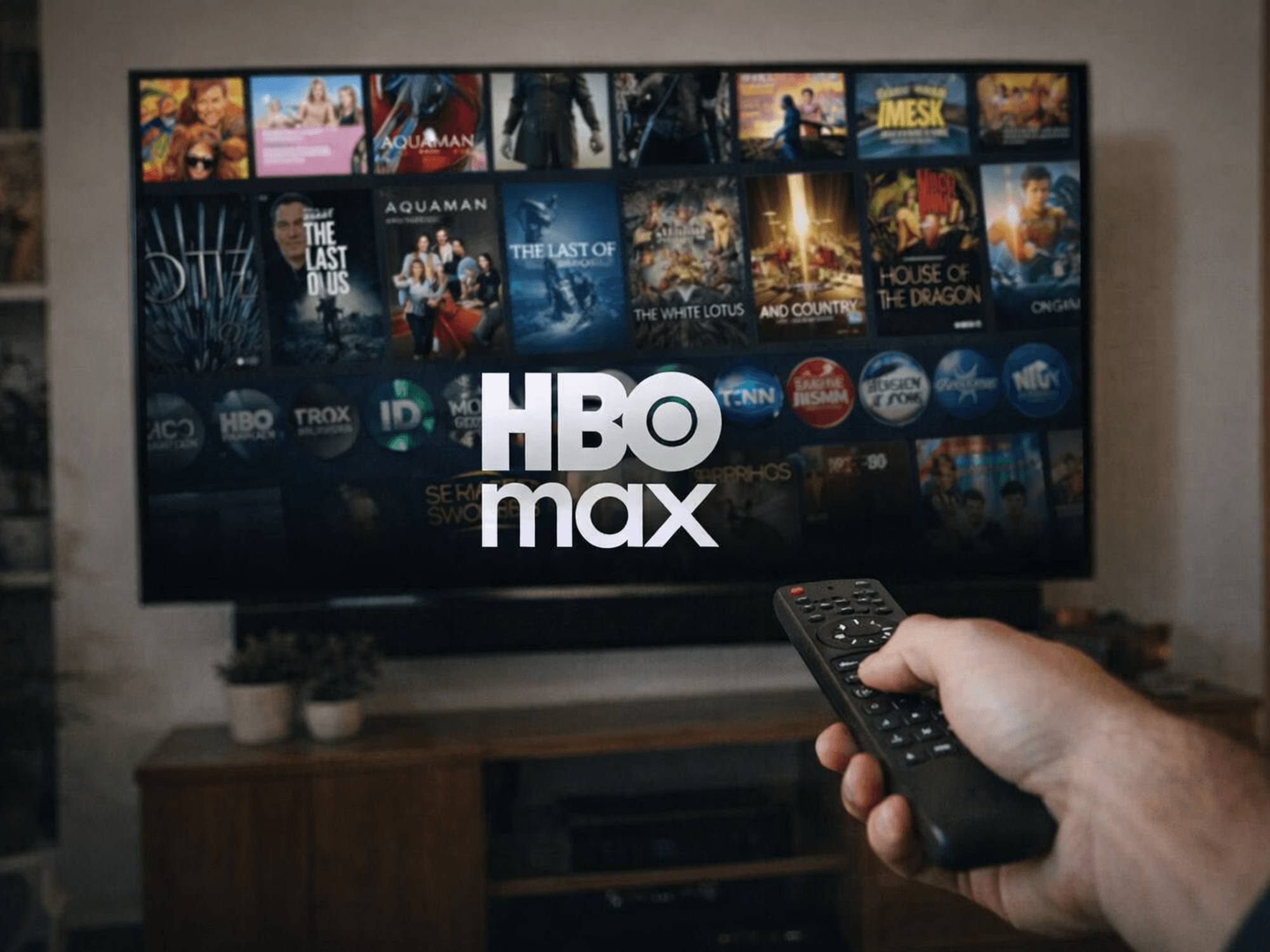 Hand holding a remote in front of TV screen displaying HBO Max logo