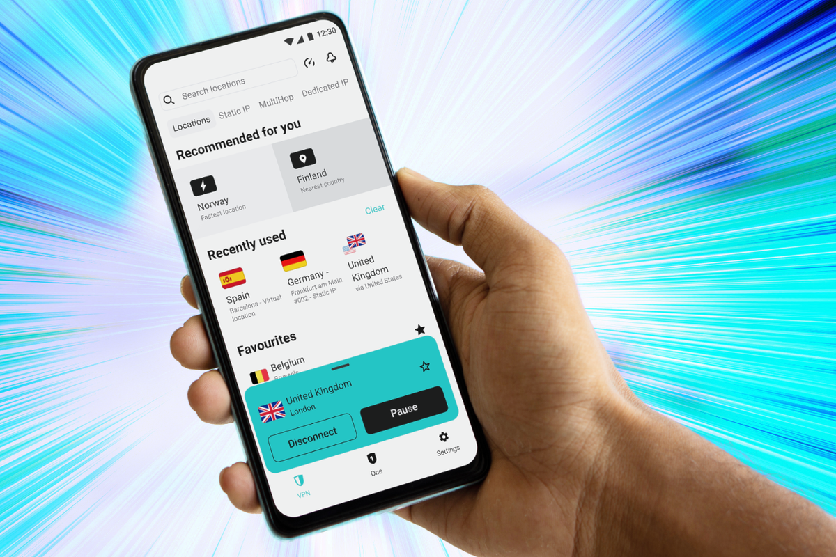 hand holding a smartphone with a surfshark vpn