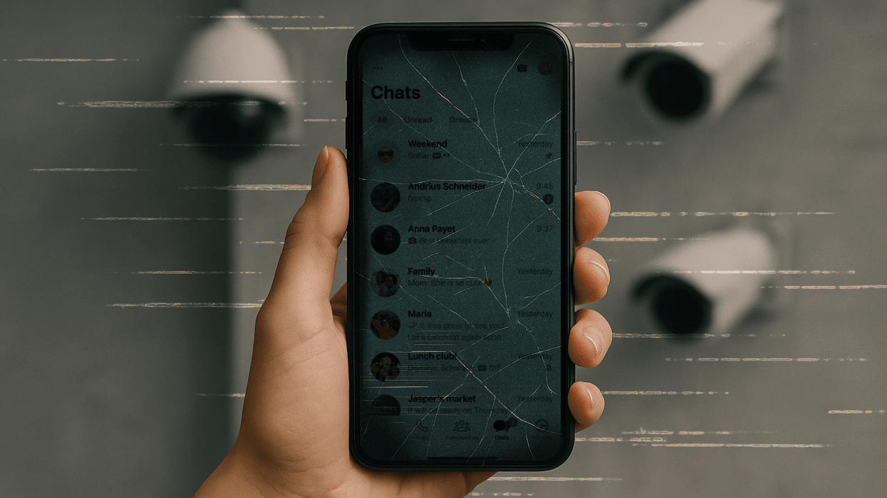 hand holding a smartphone with the text messages showing on-screen