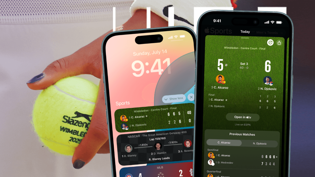 hand holding a tennis ball in the background with two iphone models with the latest apple sports update on-screen