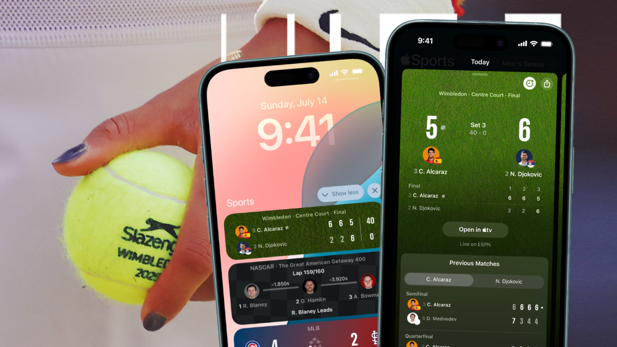 hand holding a tennis ball in the background with two iphone models with the latest apple sports update on-screen