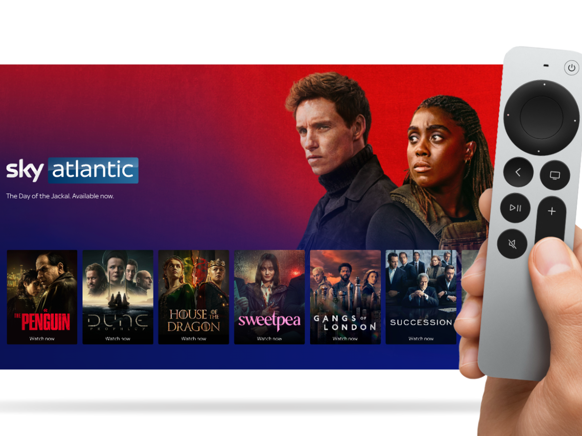 hand holding an apple tv remote control with a screen showing sky atlantic shows in the background
