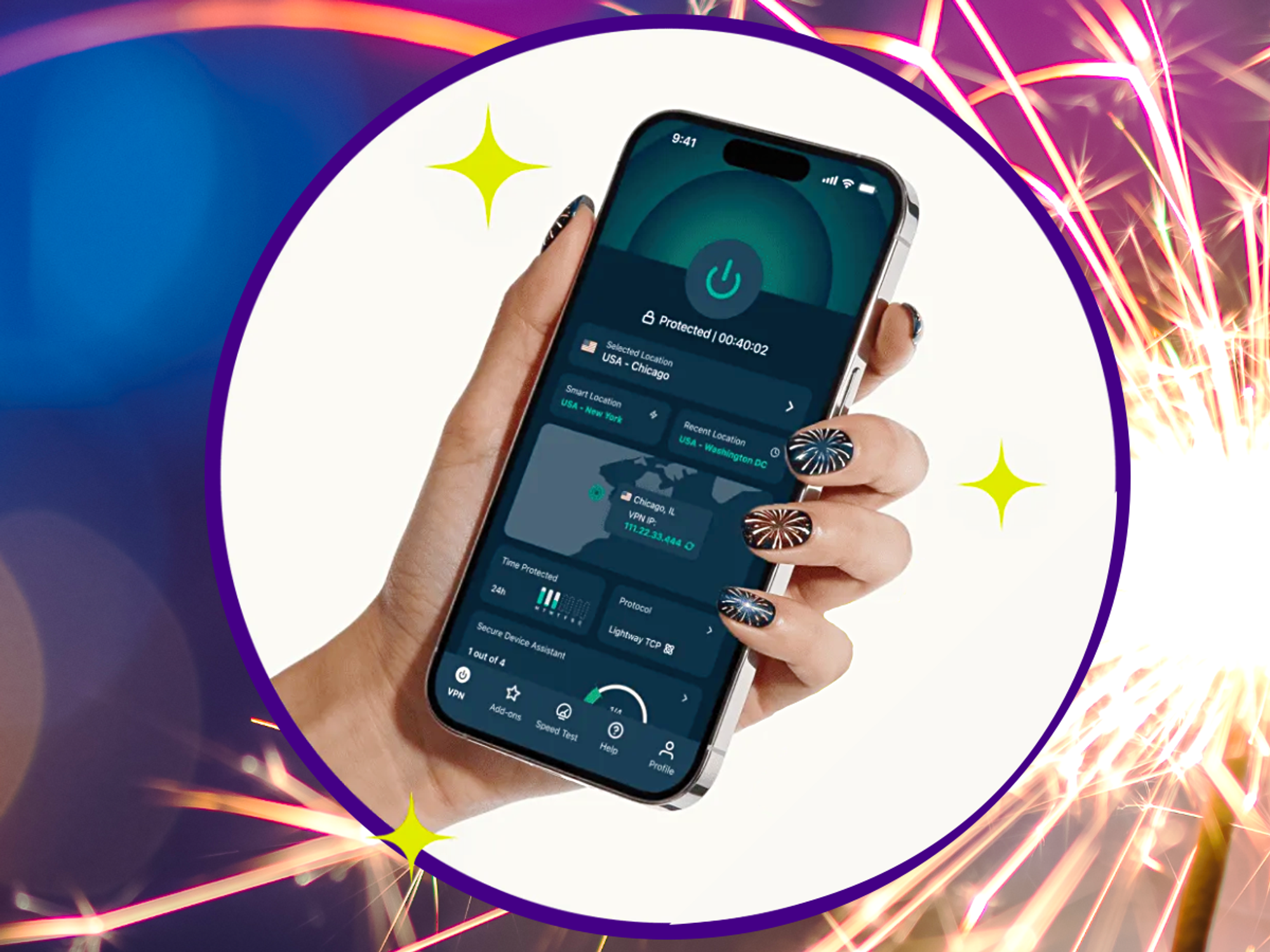 hand holding an iPhone running ExpressVPN with fireworks in the background