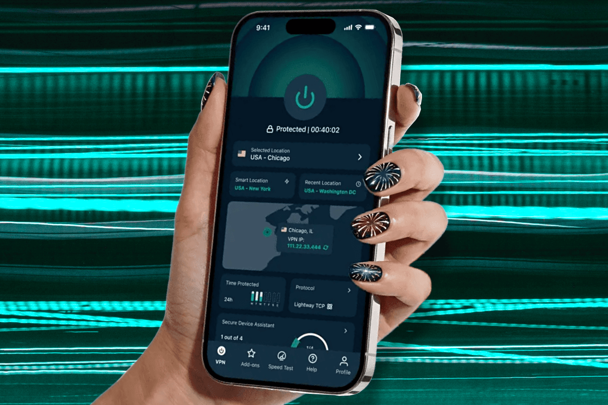 hand holding an iPhone running ExpressVPN with zoom lines showing movement in the background