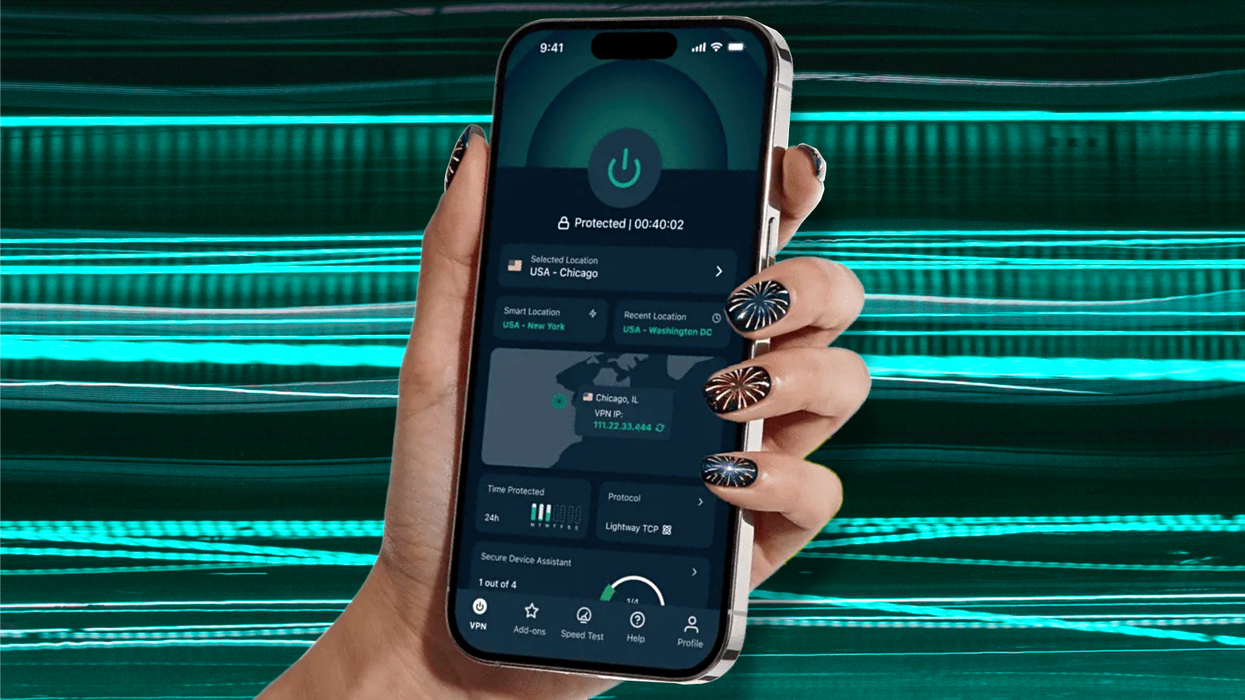 hand holding an iPhone running ExpressVPN with zoom lines showing movement in the background
