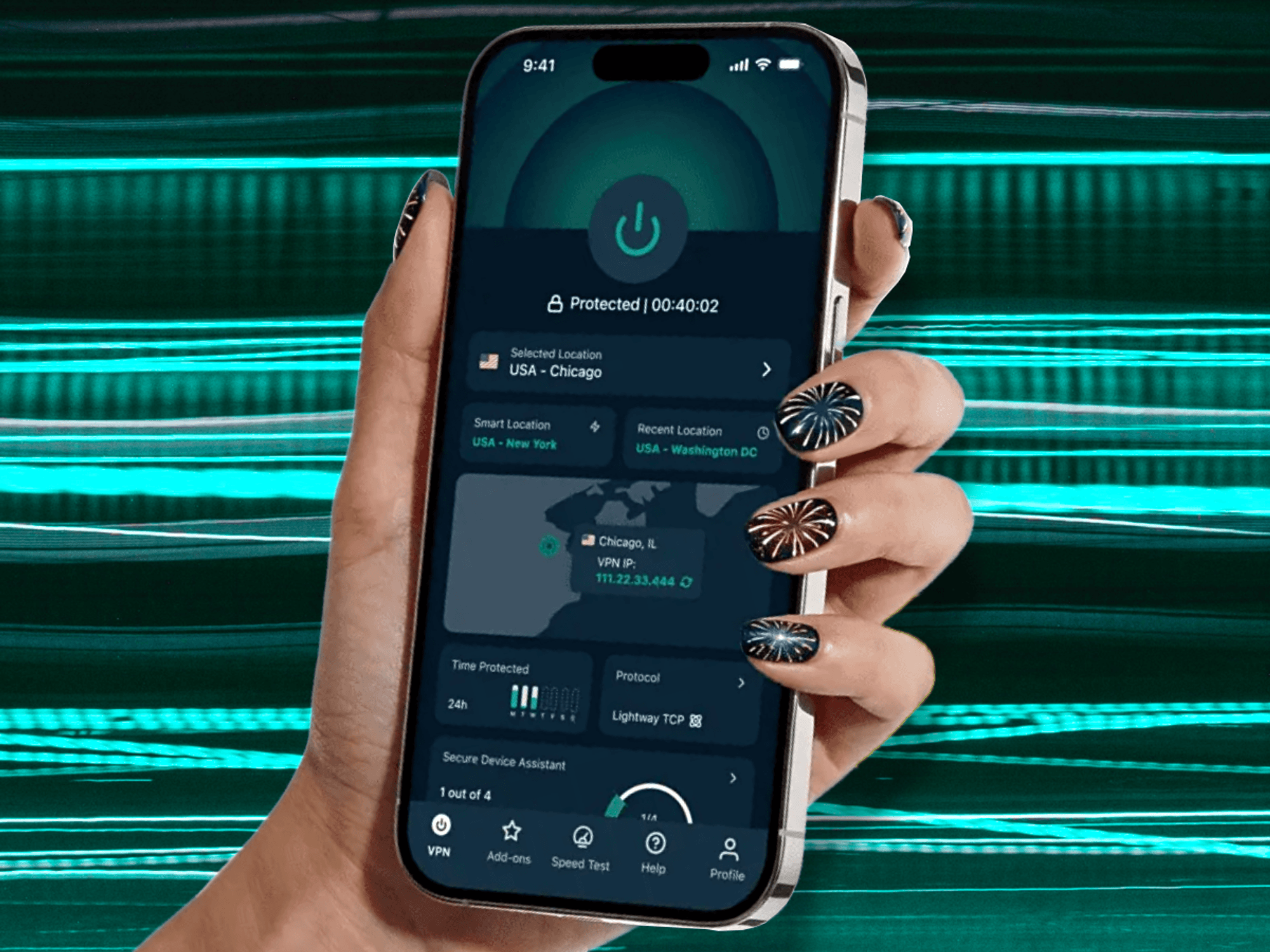 hand holding an iPhone running ExpressVPN with zoom lines showing movement in the background