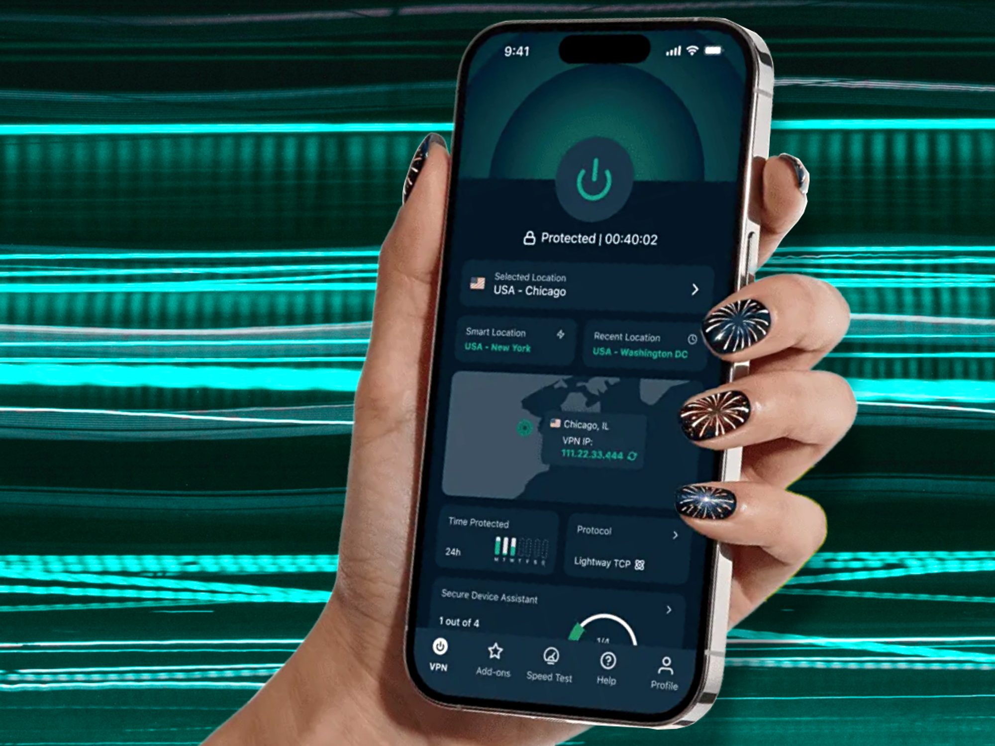 hand holding an iPhone running ExpressVPN with zoom lines showing movement in the background