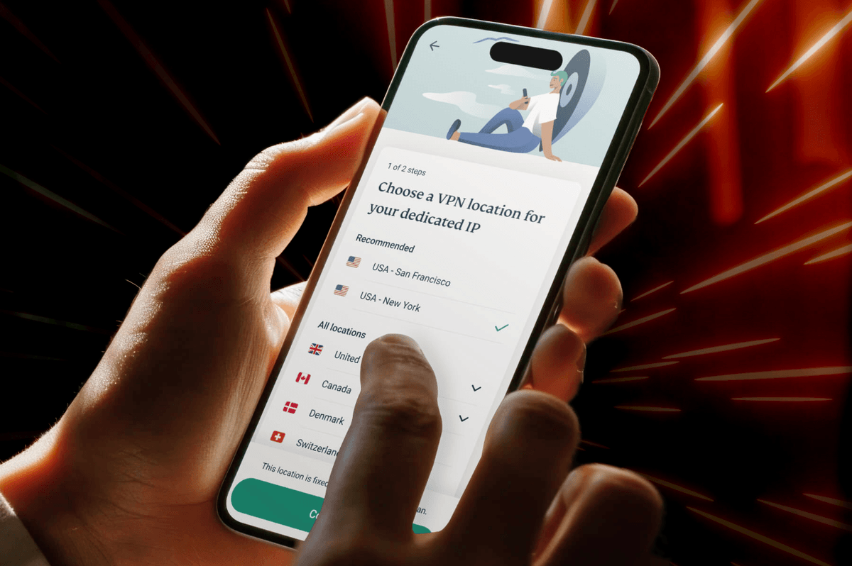 hand holding an iPhone running ExpressVPN with zoom lines showing movement in the background