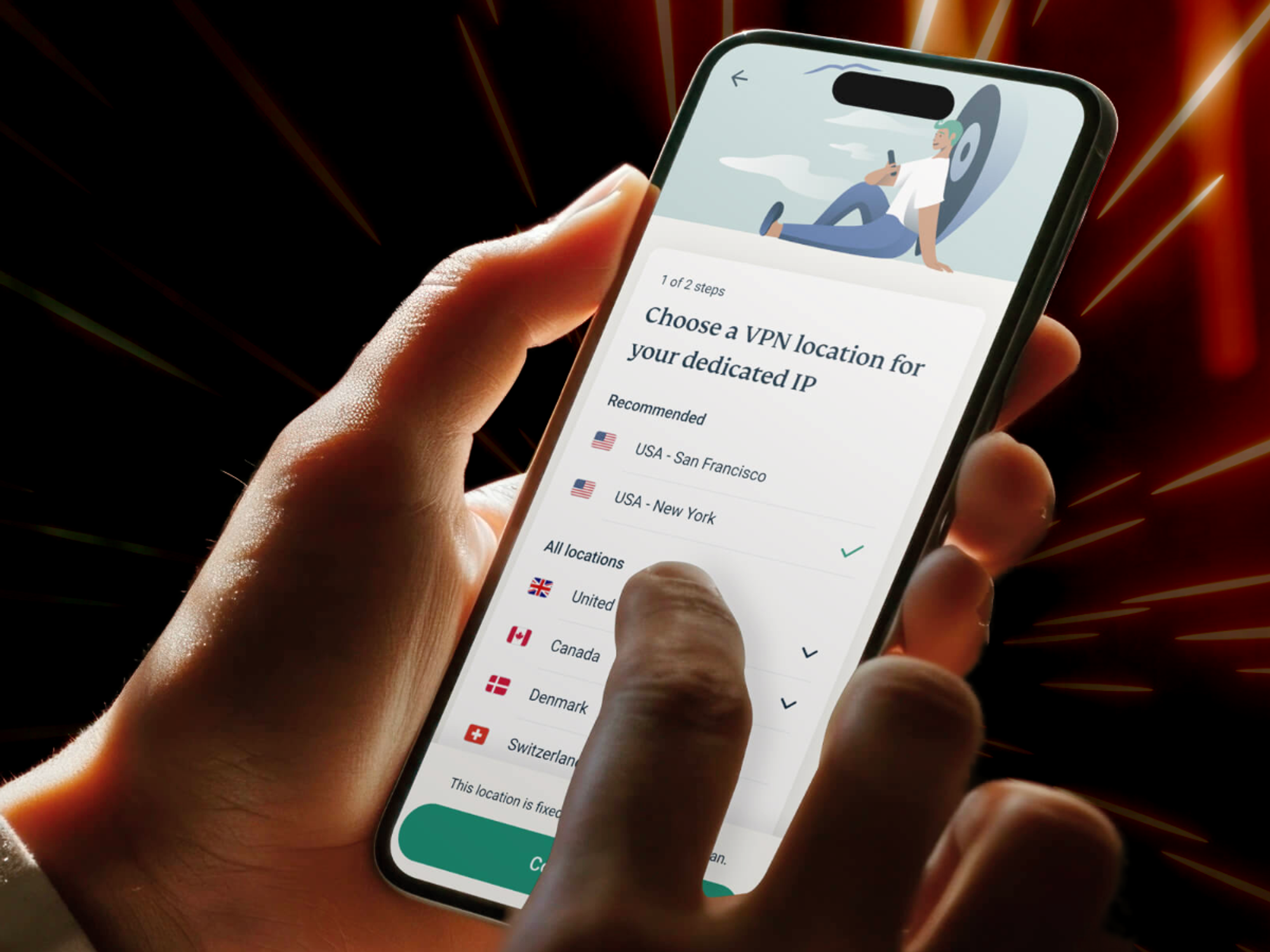 hand holding an iPhone running ExpressVPN with zoom lines showing movement in the background