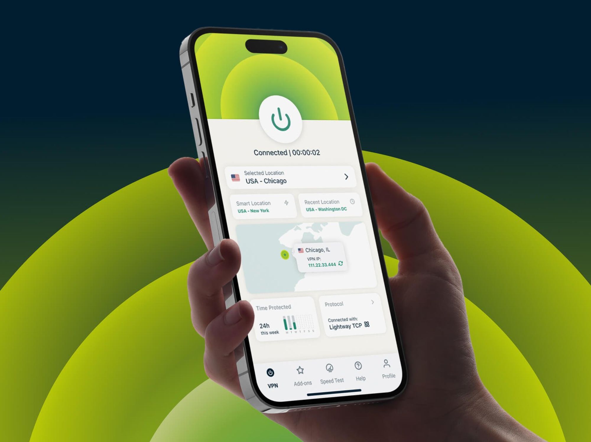 hand holding an iphone with an expressvpn running on-screen