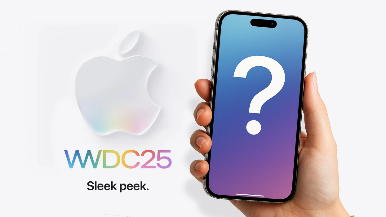 hand holding an iphone with the wwdc 2025 invite in the background